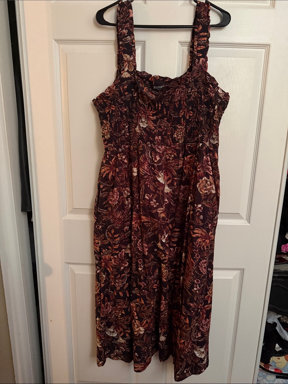 Disturbia Burgundy Floral Midi Dress with Smocked Bodice